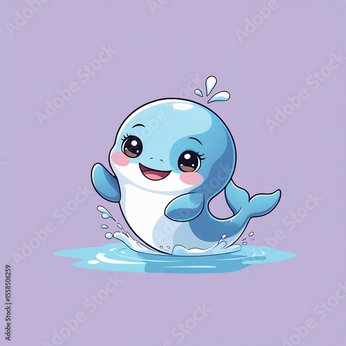 A single adorable chibi-style whale character in a playful pose. The whale is rounded and soft, with big expressive eyes, a tiny smile, and a cartoonish appearance. It could be jumping, floating, or p