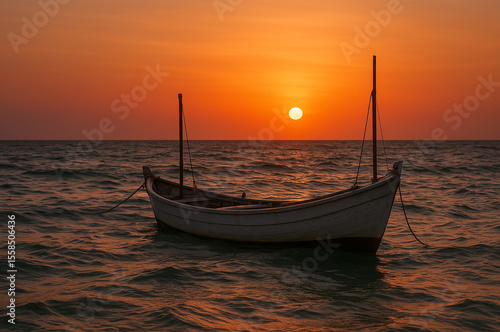 Fishing boat stranded at sea, sunset view