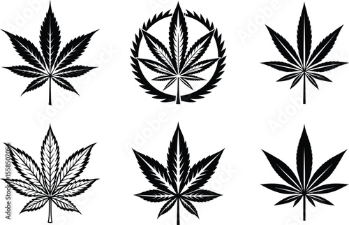 Cannabis leaf  set, marijuana silhouette, hemp icon







