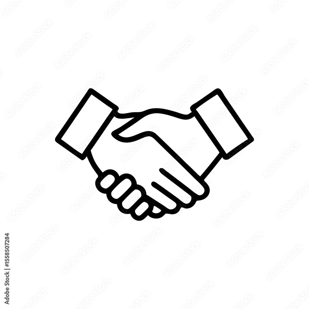 Simple line art icon of two hands shaking in agreement and partnership Simple line art icon of two hands shaking in agreement and partnership