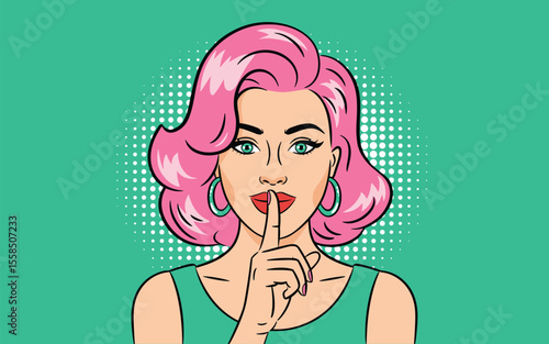 Vibrant Pop Art Illustration of a Woman with Pink Hair, Finger to Lips, Secret, Hush