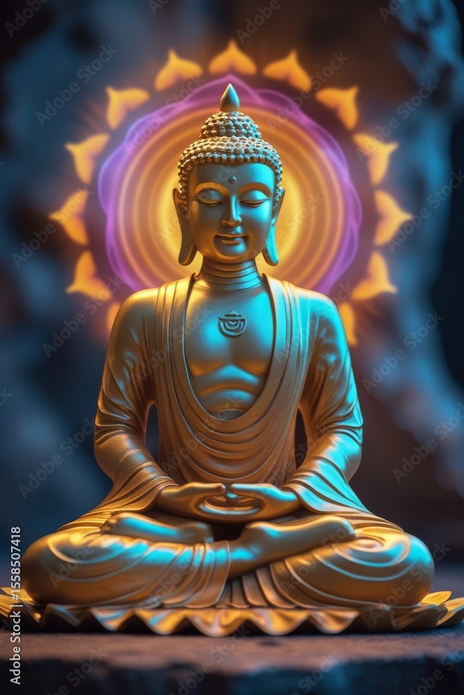 Fototapeta premium Mystical Blue Buddha Seated in Cosmic Meditation Surrounded by a Radiant Divine Glow 