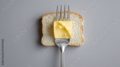 A slice of bread with a square of butter impaled on a fork, ready to eat.