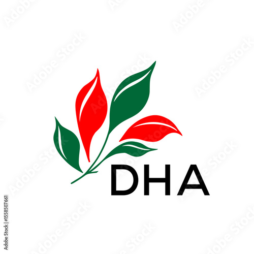DHA Modern Leaf Logo Design with Red and Green Colors, DHA Later Logo, Nature Inspired Minimalist Logo Template, Professional Plant Logo for Business Branding.
