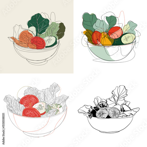 Colorful and monochrome line illustrations of salad bowls with fresh vegetables, ideal for healthy food branding, recipe books, or organic product labels.

