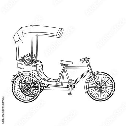 Elegant black and white line drawing of a classic cycle rickshaw transport vehicle