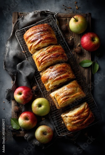 Freshly Baked Apple Strudel on a Rustic Cooling Rack Surrounded by Fresh Apples and Natural Elements in a Warm and Cozy Kitchen Setting