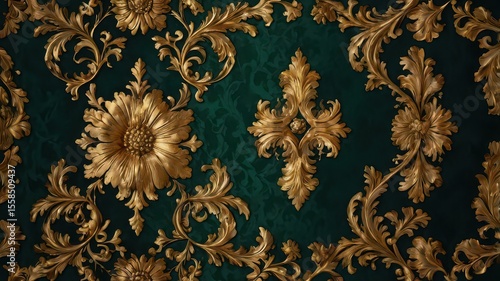Ornate gold floral designs on a dark green textured background creating a luxurious wallpaper effect