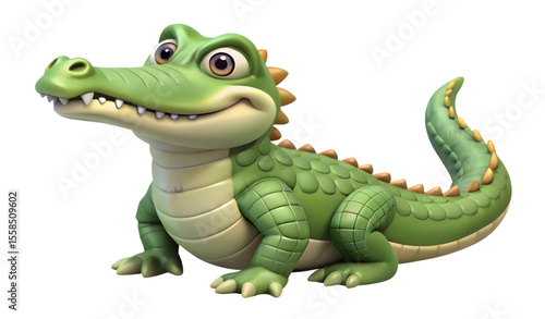 3D Cartoon Crocodile Character with Big Brown Eyes and Spiky Tail, Cute Animated Alligator Isolated