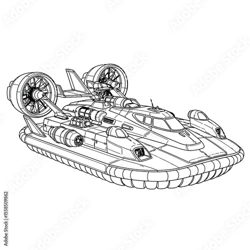 Futuristic hovercraft with powerful engines and sleek design vehicle transportation