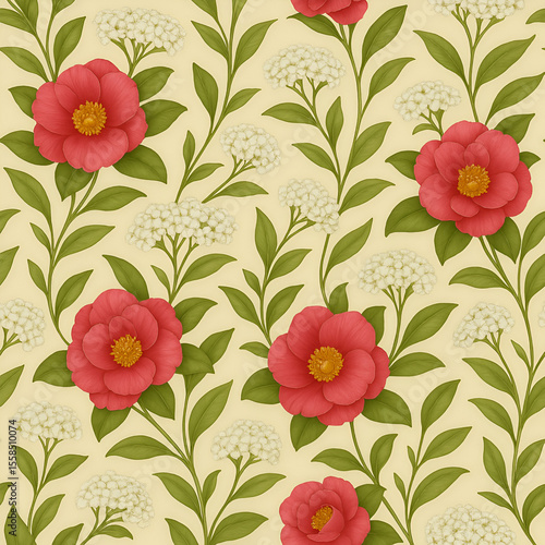 Wallpaper Mural ヤロウと椿の花が絡み合う優雅なフローラルパターン｜赤と白の花がクリーム色の背景に映える繊細で調和のとれたシームレスな植物デザイン Torontodigital.ca