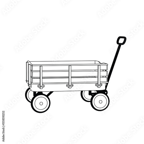 Black and white line drawing of a classic wooden wagon with a handle cart vehicle