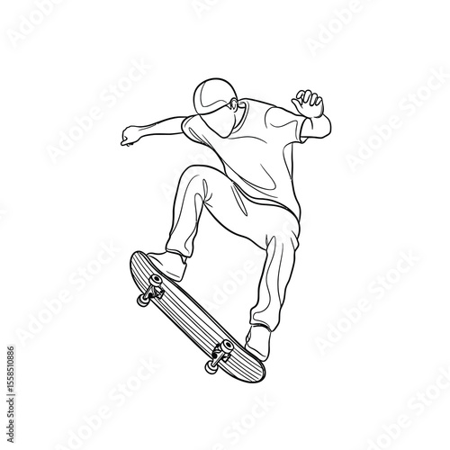 Skateboarder performing trick in dynamic line drawing skateboarding action