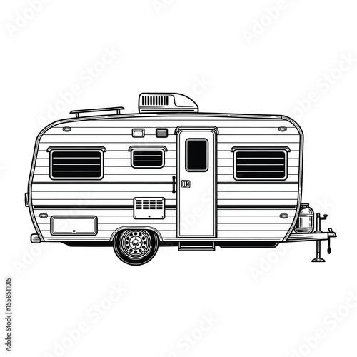 Vintage camper trailer with detailed outline and black accents travel recreation