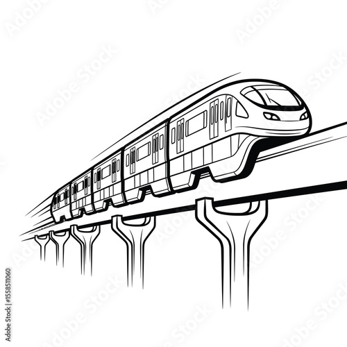 Sleek modern train glides on elevated tracks transportation