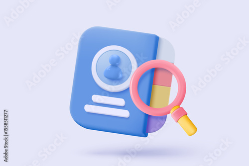 3d contact book file organizer with searching or magnifying glass icon signs for research for business contact. phonebook communication concepts. 3d textbook library icon vector render illustration
