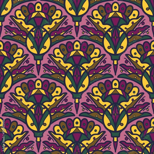 Wallpaper Mural 250695 colorful line seamless repeat background, motifs floral hand drawn, scribble style, scallop pattern, design for seamless floral pattern, printing, wrapping, background and craft Torontodigital.ca