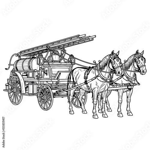 Horse drawn fire engine with ladders and equipment carriage