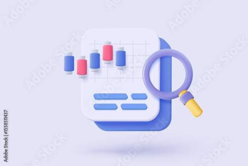 3D graph up with search notice icon for finance statistic, sell and buy report. analyzing investment money cash and exchange with finance. 3d trading stock report icon vector render illustration
