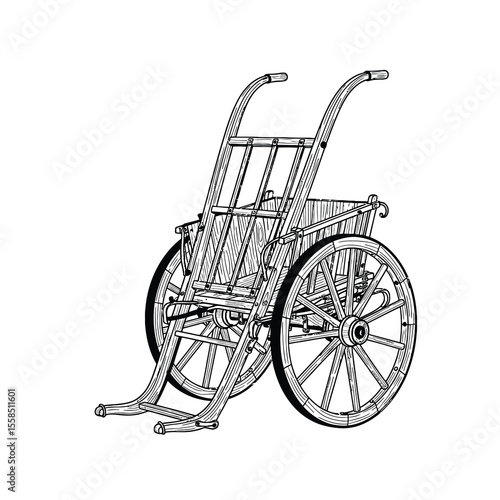 Antique wheeled cart with wooden basket and metal frame vector