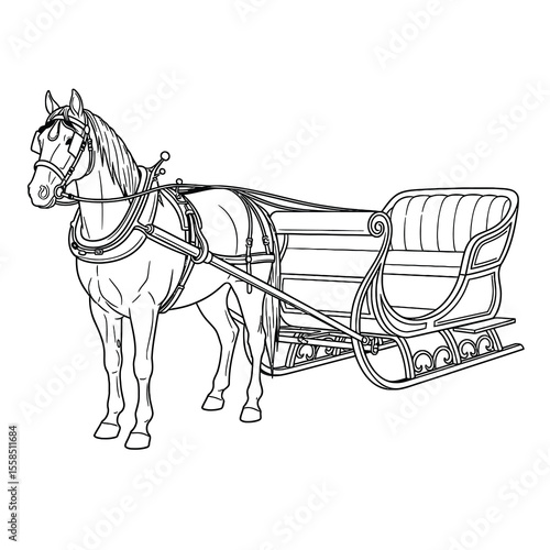 Horse pulling ornate sleigh with detailed harness and decorative runners drawing illustration