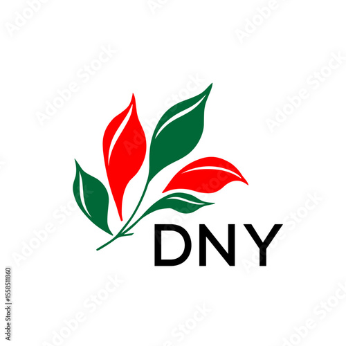 DNY Modern Leaf Logo Design with Red and Green Colors, DNY Later Logo, Nature Inspired Minimalist Logo Template, Professional Plant Logo for Business Branding.
