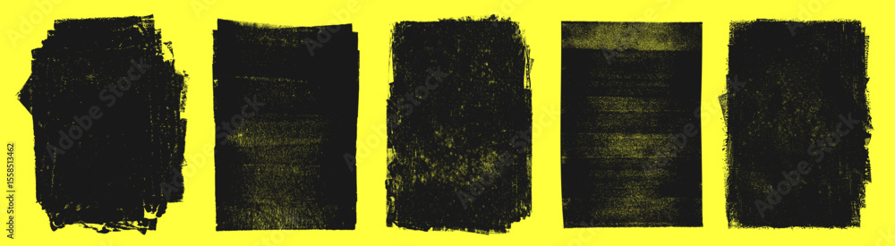 Grunge A4 textures set. Linocut, relief printing rectangle rough textured distressed aged shapes collection. Black uneven edge backgrounds, text frames. Paint roller stains, lino ink grungy remains