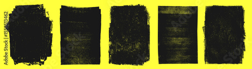 Grunge A4 textures set. Linocut, relief printing rectangle rough textured distressed aged shapes collection. Black uneven edge backgrounds, text frames. Paint roller stains, lino ink grungy remains