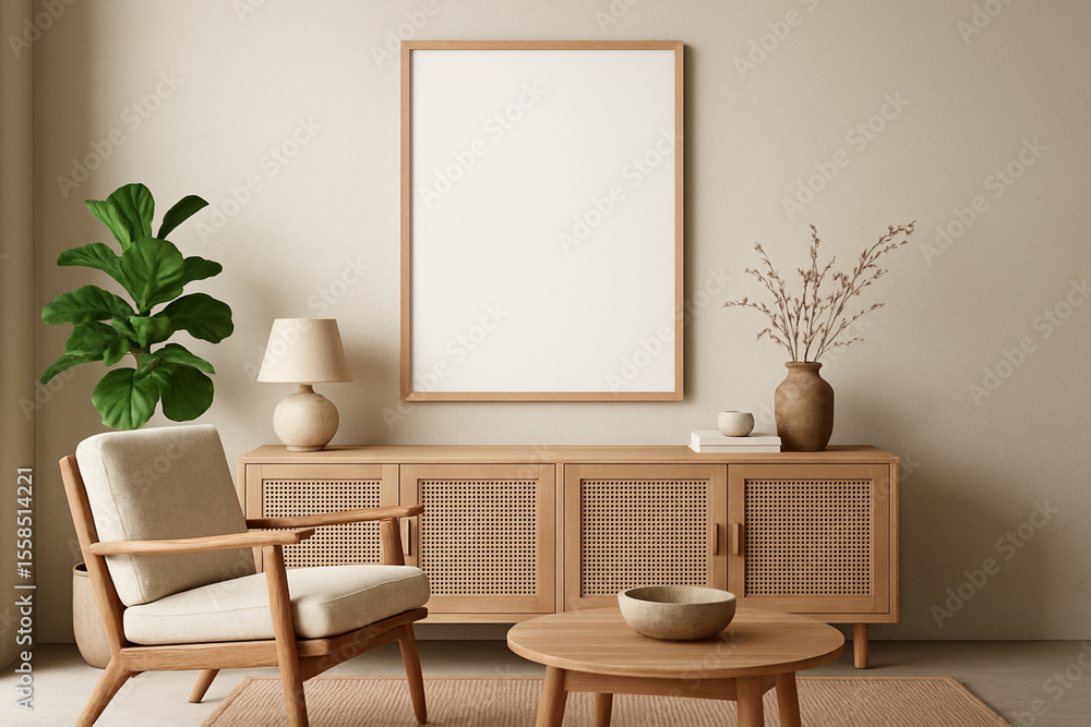 mock up poster frame in hipster interior background, scandinavian style, 3D render, 3D illustration mock up poster frame in hipster interior background, scandinavian style, 3D render, 3D illustration