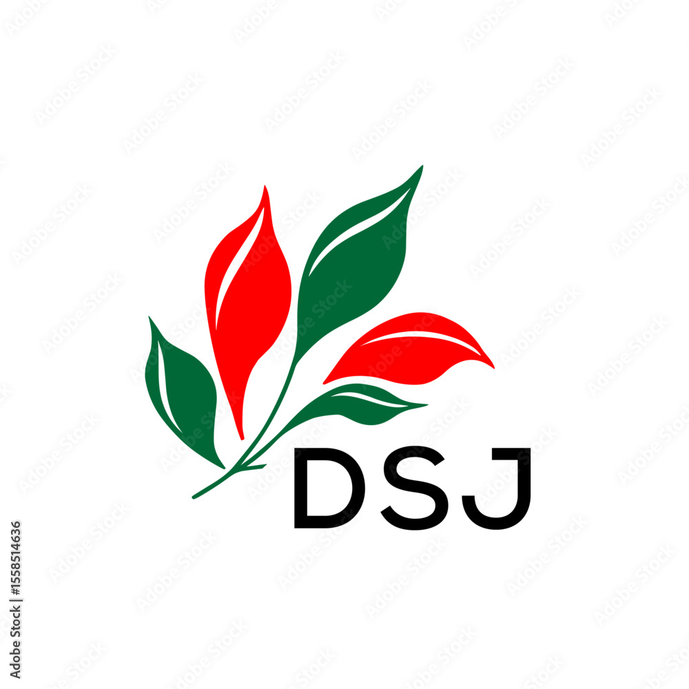 Fototapeta premium Modern Leaf Logo Design with Red and Green Colors, DSJ Later Logo, Nature Inspired Minimalist Logo Template, Professional Plant Logo for Business Branding. 