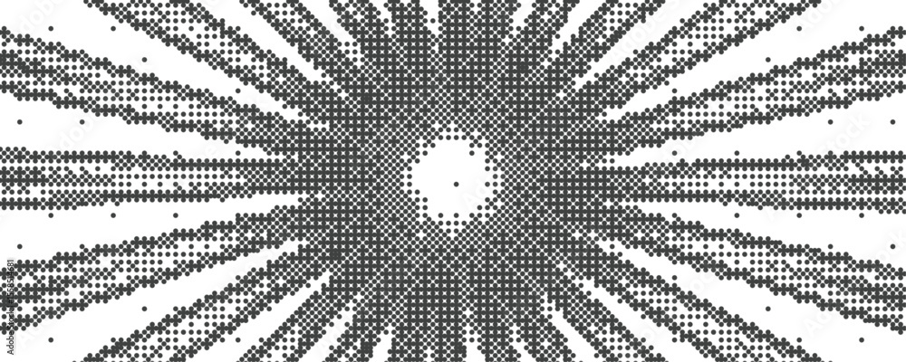 Sun rays bitmap background. Speed lines explosion, sunburst with abstract pixel art vector texture.