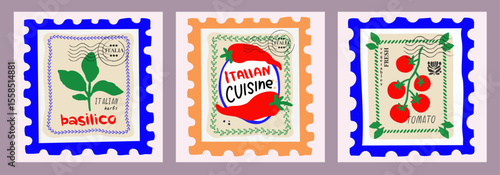 square postal italian flyers, postmark, cards, modern creative, hand drawn, vector illustration, italian cuisine, trendy design