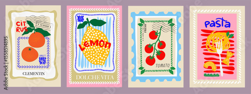 Italian food vertical  posters, modern hand drawn vector illustration, trendy print, decoration, tomato, clementine, lemon, 
