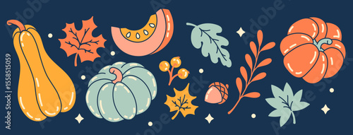 Bright seasonal stickers featuring pumpkins, fall leaves, gourds, and leaves, ideal for crafting and harvest party decorating