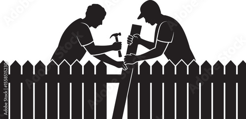 Two Men Building Black Picket Fence Silhouette Vector Illustration Hammer Wood Construction Workers