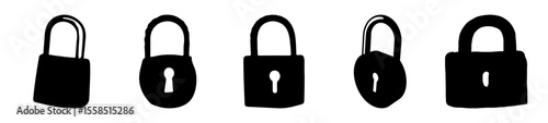 Collection of Five Stylized Black Padlock Icons on White Background Illustrating Security