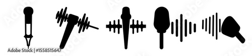 Set of six black microphone icons with sound waves in vector format
