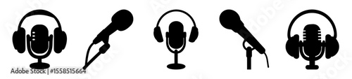 Black microphone and headphones icons for podcasting and audio recording activities