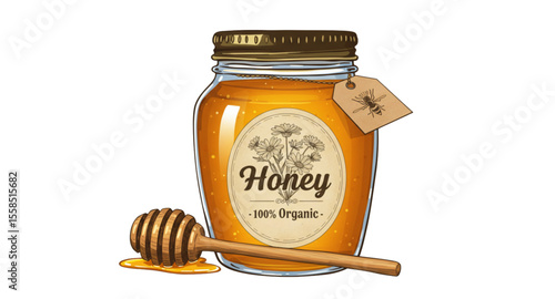 Sweet Honey in Glass Jar with dipper – Flat Vector Design