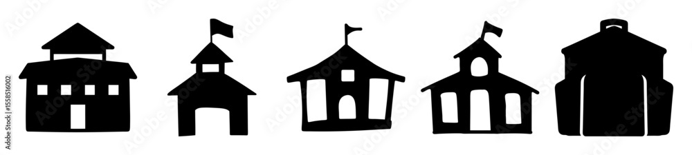 Fototapeta premium Stylized Silhouette Buildings Illustration Featuring Houses and Towers with Flags and Variety