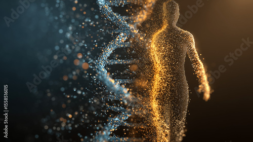 A transformation from gene to digital immortality, a glowing DNA helix on the left dissolving into particles that become a digital human silhouette