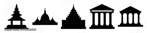 Silhouette Depiction of Various Building Styles Including Pagodas and Classical Architecture