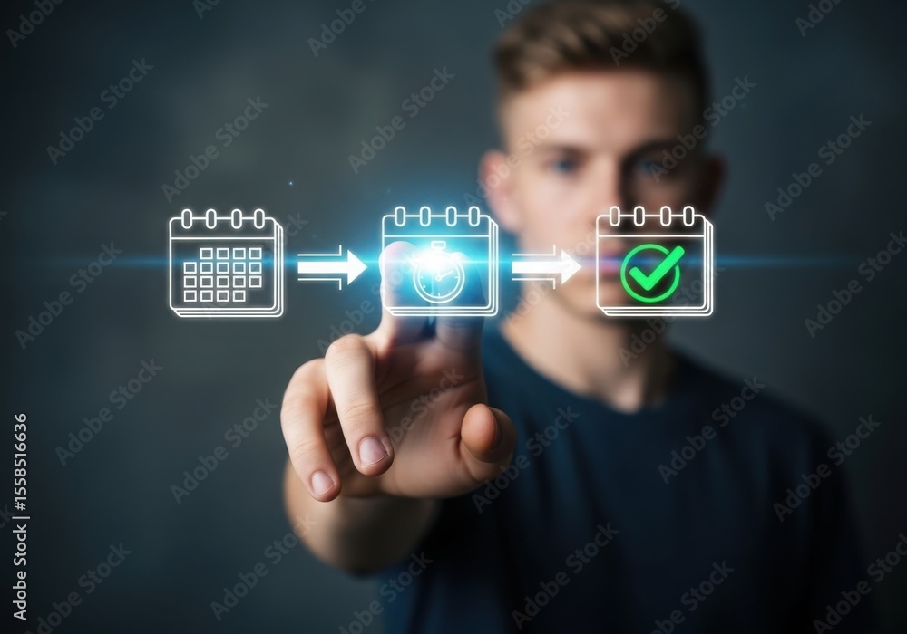 Man interacting with digital calendar icons on a screen Man interacting with digital calendar icons on a screen