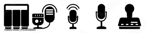Various podcasting equipment icons arranged in a professional and clean style