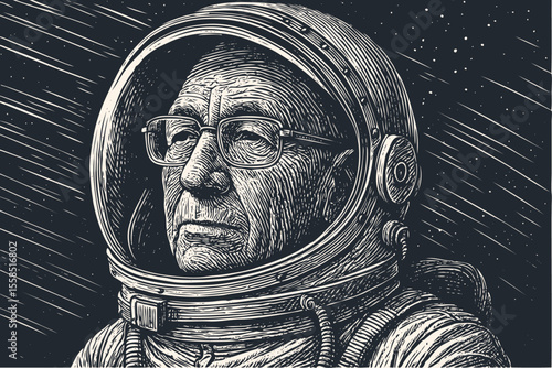An elderly astronaut with glasses in a space helmet. A detailed vector portrait in a retro, engraving style for a sci-fi or philosophical concept.
