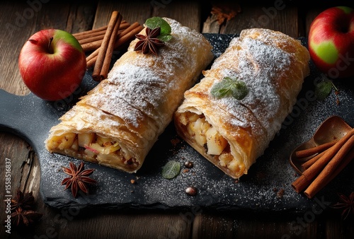 Freshly Baked Apple Strudel with Powdered Sugar, Cinnamon Sticks, Red Apples, and Star Anise on Rustic Wooden Table Setting and Slate Base