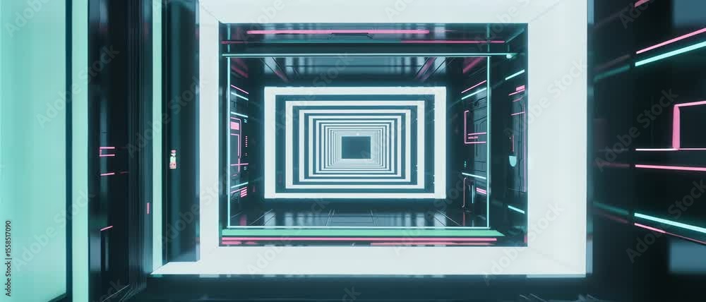 Abstract Illuminated Tunnel Sci-Fi Geometric Passage of Light, Tech Portal to Future Realities in a Glowing Square Frame Abstract Illuminated Tunnel Sci-Fi Geometric Passage of Light, Tech Portal to Future Realities in a Glowing Square Frame