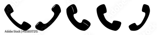 Black silhouette of various oldfashioned telephone handsets on a white background