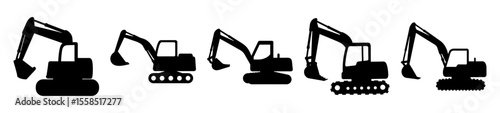 Five black excavator silhouettes lined up on a white background isolated
