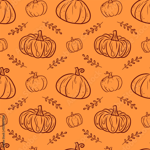 Hand-drawn pumpkin seamless pattern on orange background for autumn design.